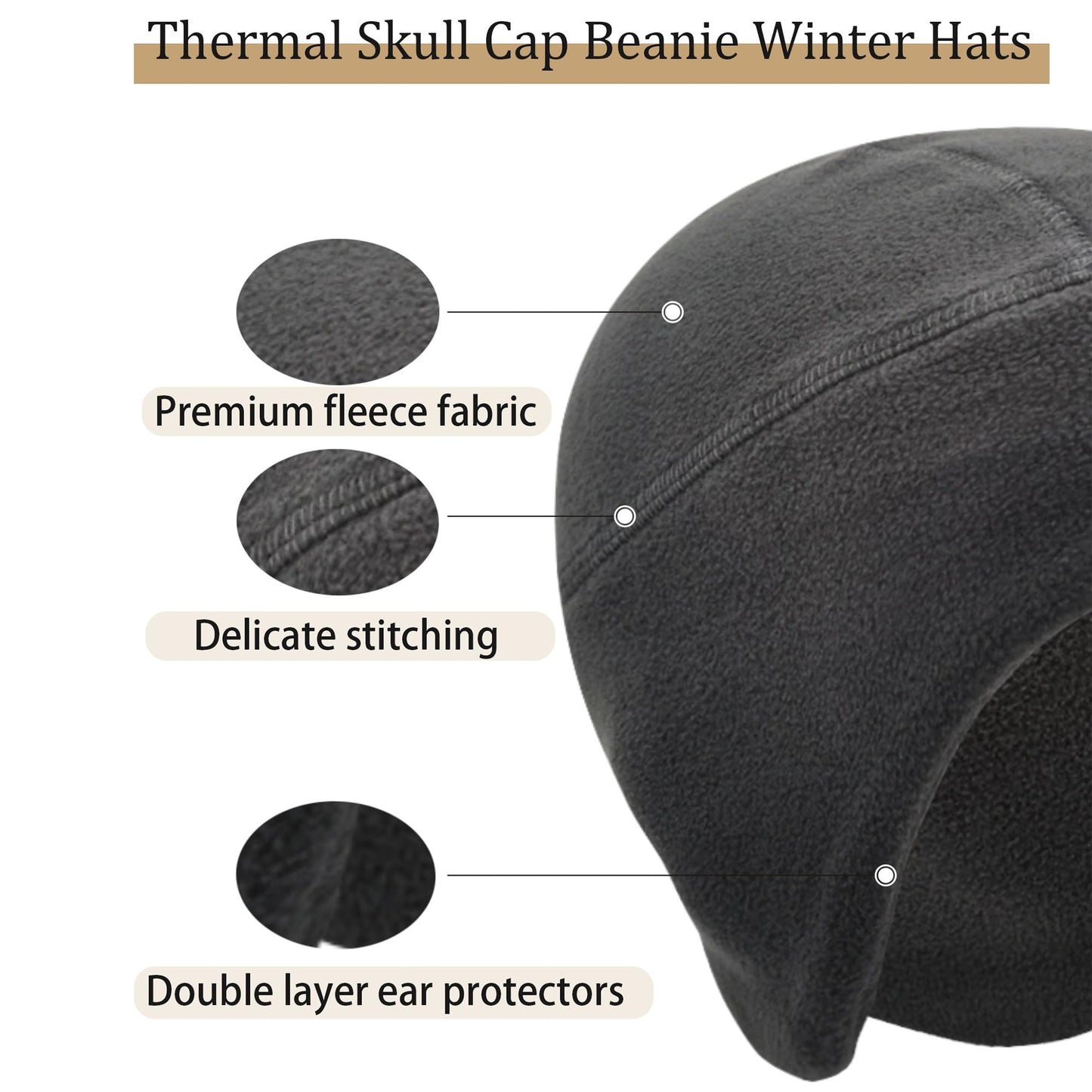 Skull Cap for Winter 2 Pack Men Women Bike Hat Helmet Liner Fleece Thermal Cap Work Athletic Fit Black & Gray