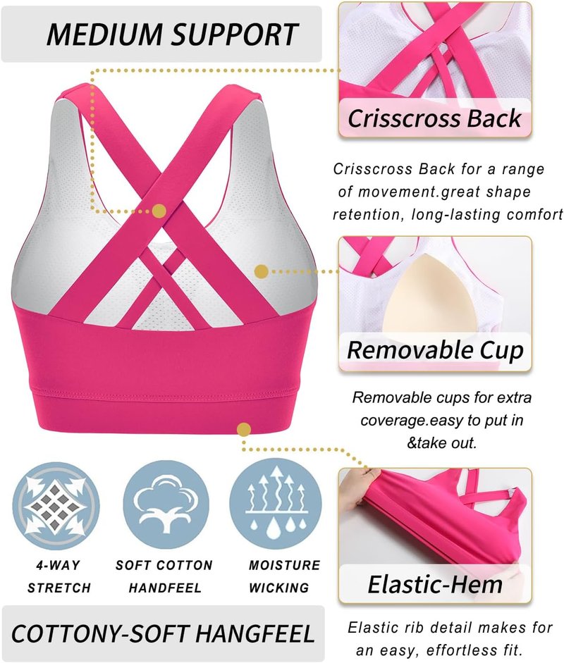 Running Girl Sports Bras for Women - Padded Criss-Cross Back Medium Support with Removable Cups