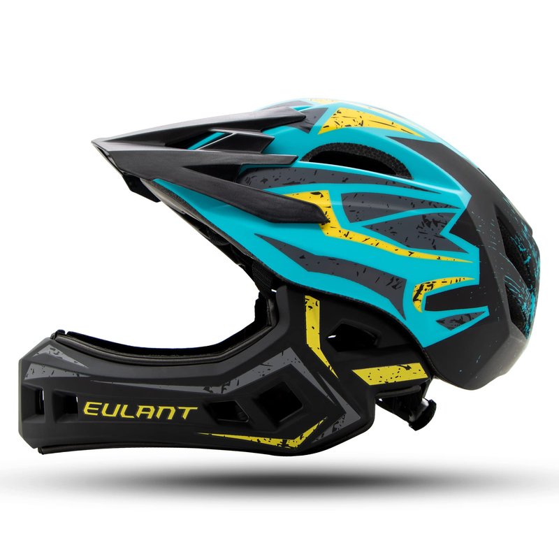 EULANT Children’s Full Face Helmet with Chin Guard, Bicycle Helmet for Girls and Boys Aged 6 Years, Fits Head Size 48-56 cm (Blue and Yellow, Small=48-53cm/18.9-20.9inch)