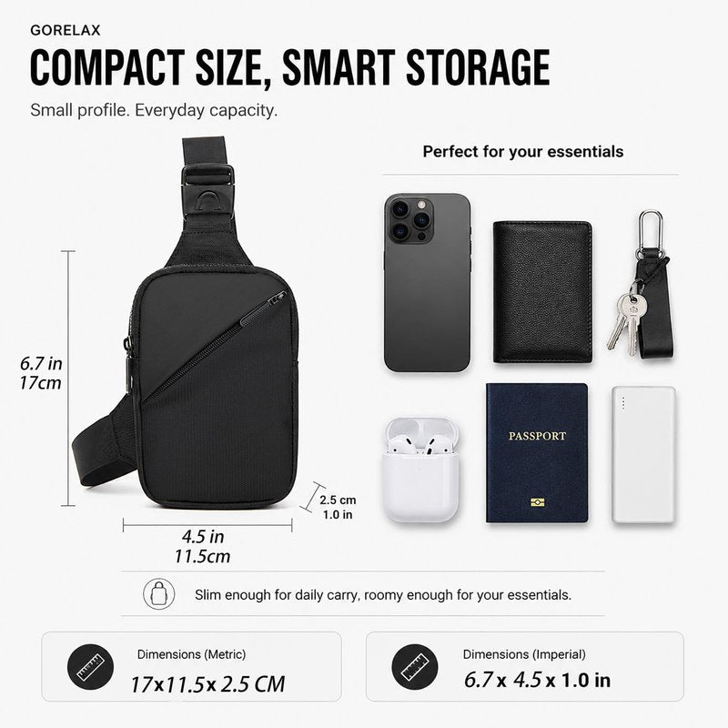 GORELAX Ultra Compact Mini Crossbody Sling Bag for Men Women, Lightweight Water Resistant Chest Fanny Pack, EDC Phone Purse for Travel Running Hiking(Black)