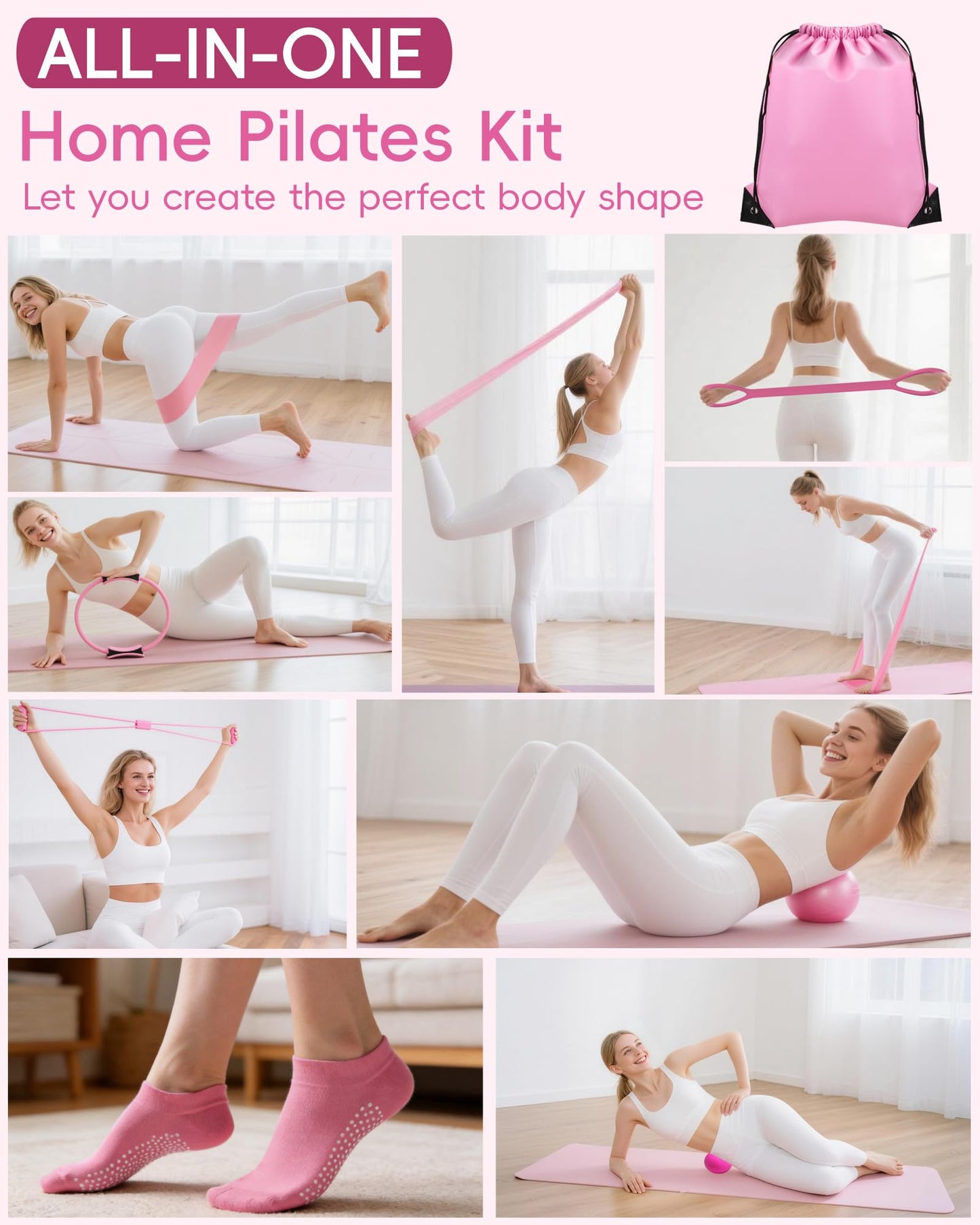 KABCON Pilates Kit for Home, Women Beginners Workout Essentials Set with 13" Ring, 9.8" Ball, Resistance Bands & Guide, 13/14/16 PCS Compact Pilates Equipment