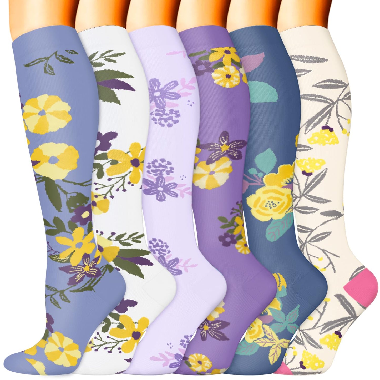 Sooverki Compression Socks for Women & Men 6 Pairs is Best Supportive Knee High Leg Warmers for Purple Yellow Floral Flower Fashion Pattern Arch Support Cushioned