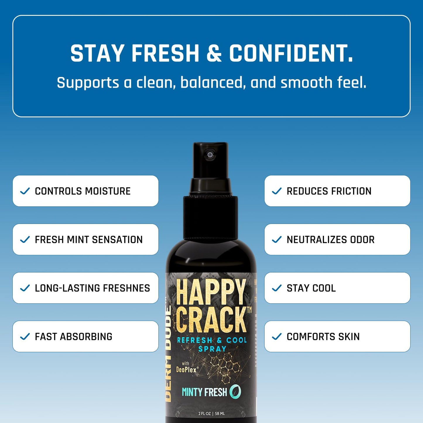 Derm Dude Happy Crack Refresh & Cool Body Spray | Minty Fresh Deodorizing Spray for Body & Skin | Odor Control with Witch Hazel & Natural DeoPlex | Soothing, Cooling & Fast-Drying | 2 oz (1 Pack)
