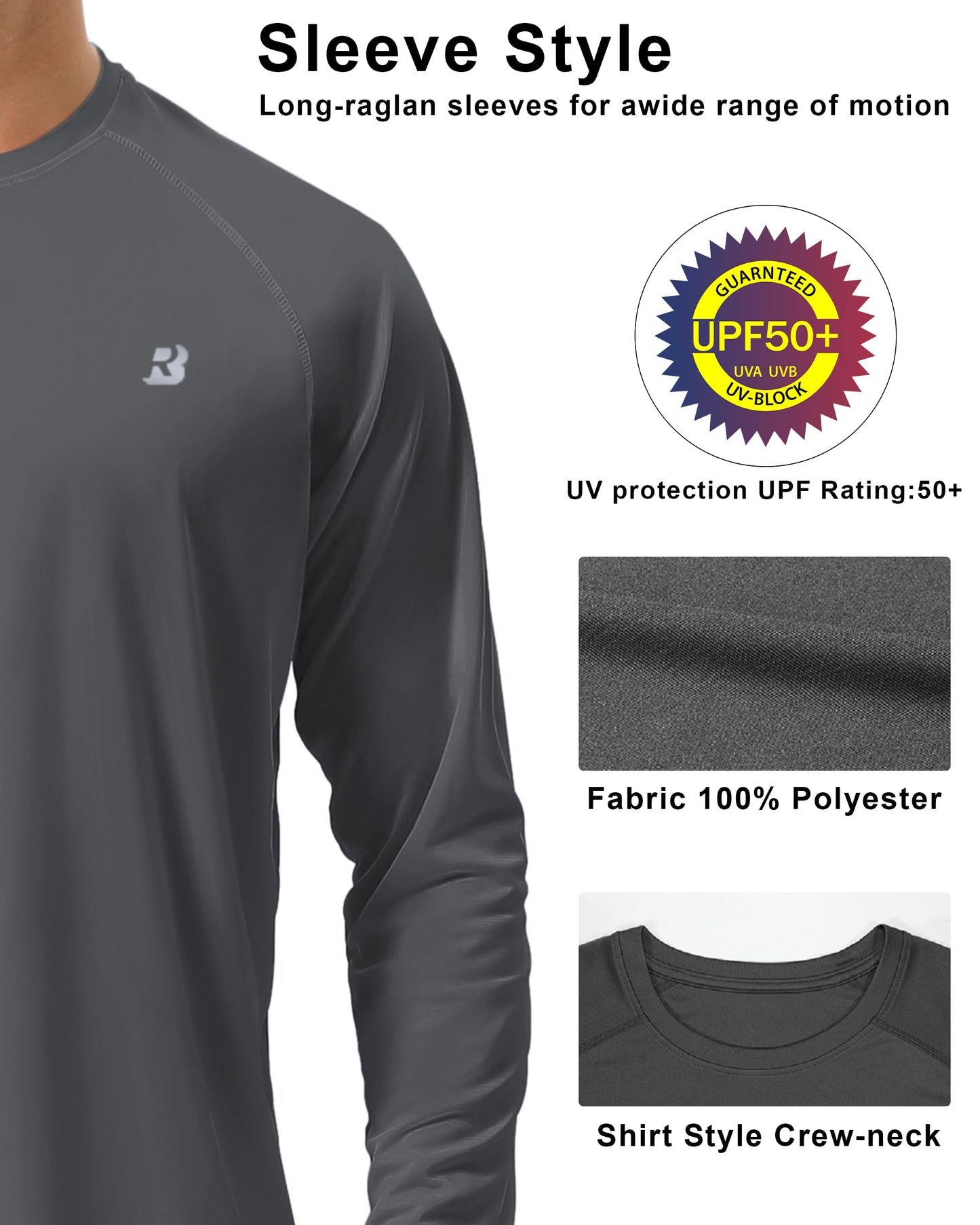 Roadbox Mens UPF 50+ UV Sun Protection Shirts Outdoor Long Sleeve SPF Diving Rash Guard for Fishing Hiking Swimming Dark Gray