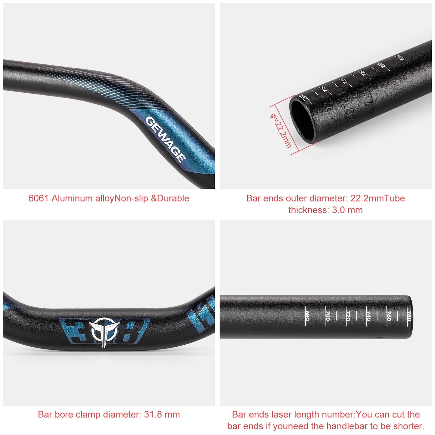 31.8 Bike Handlebar - 25mm, 55mm, 70mm, 90mm,120mm Riser Handlebar - 780mm Aluminium Alloy Mountain Bike Bicycle Handlebars (90mm Rise)