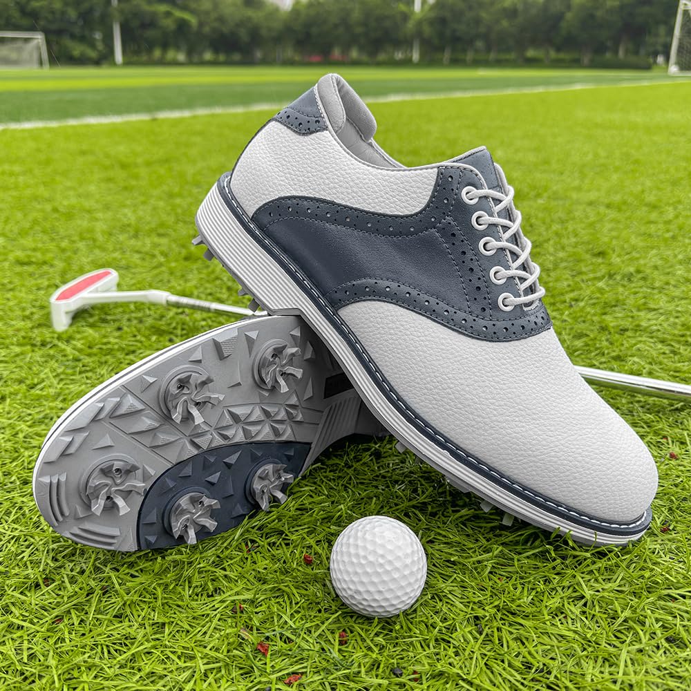 Men Golf Shoes Waterproof Professional Golf Footwears Spikes Spikeless Golf Walking Sneakers Turf Sports Golf Training Sneakers for Men (9,White Blue-K01)
