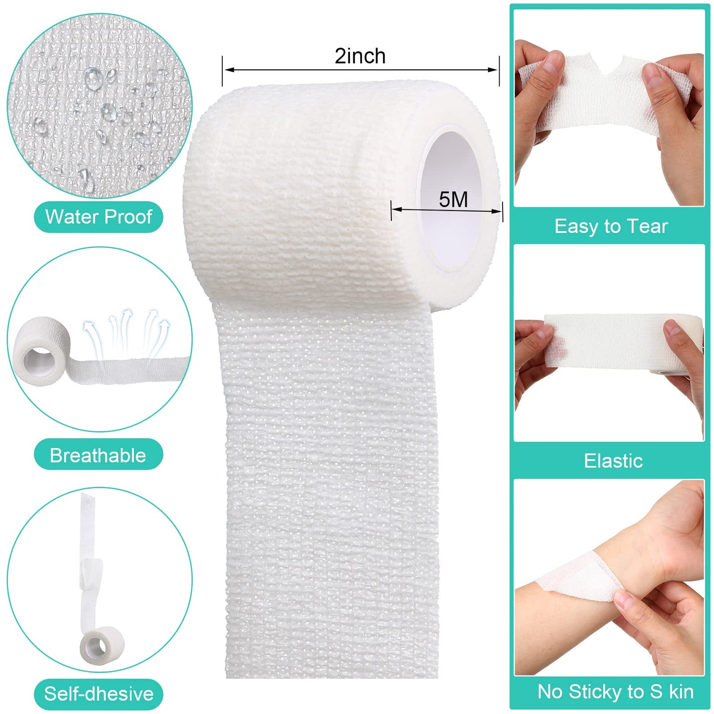 Treela 64 Pack 2" x 5 Yards Self Adhesive Cohesive Bandage Wraps, Elastic Breathable Athletic Tape, Flexible Self Adherent Bandage Rolls for Wrist, Ankle, Fingers, Sports & Pets (White)