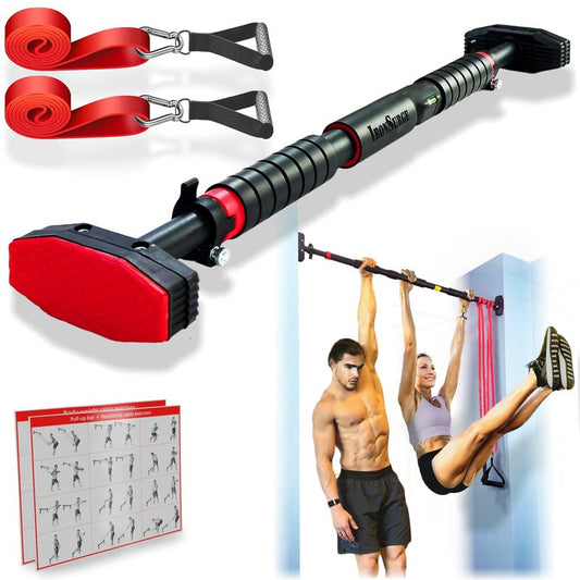IRONSURGE Pull Up Bar for Doorway 6-piece Set with Two Attachable Resistance Bands, Training Manual, Door frame Chin Up Bar, and Two Angled Supports For Home Gym Workout, No Screws, Max 680lbs,