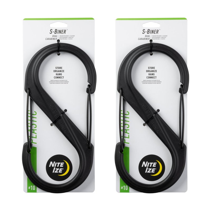 Nite Ize S-Biner Plastic Dual Carabiner - Daily Use Double-Sided S-Biner - Dual Clip Carabiner Accessory for Holding & Organizing - Accessory for Camping & More - Black, Size 10 (2 Pack)