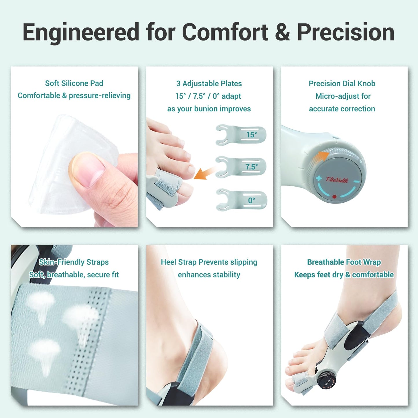 Bunion Corrector for Women Big Toe - US Patent 3 Precision Angles (0°/7.5°/15°) Adjustable Toe Straightener & Bunion Splint Brace with Extra Straps & Toe Separator, Fits Left & Right Foot by EliaValth, Large, Brown 1 PACK