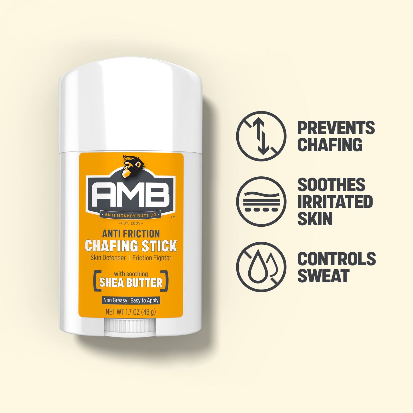 Anti Monkey Butt Anti Chafing Stick - Body Glide Stick for Thigh Chafing, Friction, & Irritation Relief - Mess-Free Anti Chafe Balm with Shea Butter & Almond Oil for Daily Skin Comfort - 1.7 oz
