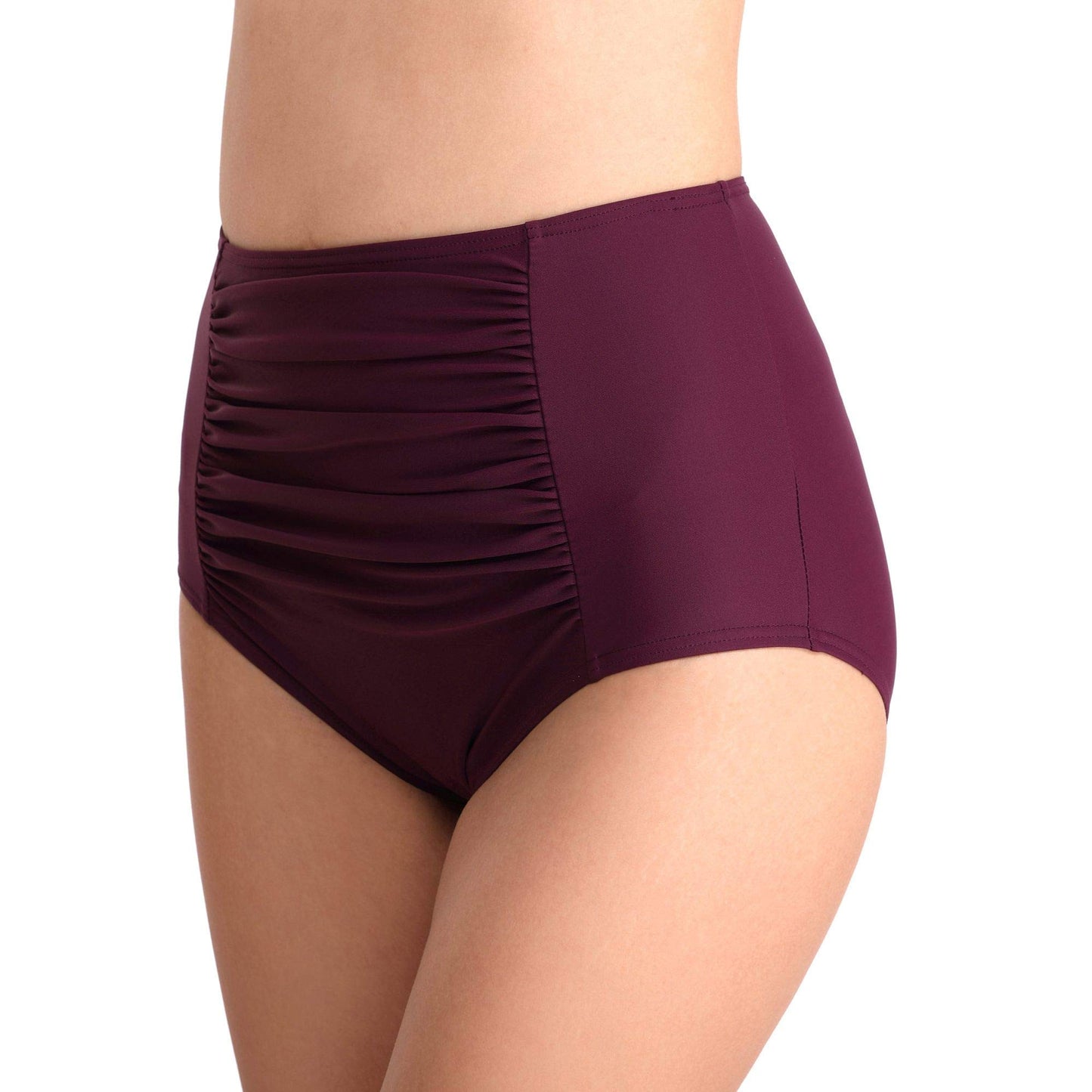 Womens Purple Burgundy High Rise Wasted Swim Bottoms Bathing Suit Retro Front Ruched Slimming Plum XL