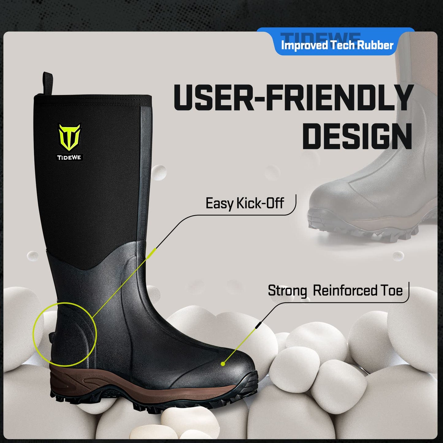 TIDEWE Rubber Neoprene Boots Men And Women, Waterproof Sturdy 6mm Neoprene Boot, Rain Boot Hunting Boot Arctic Outdoor Boot Men Size 13 Black