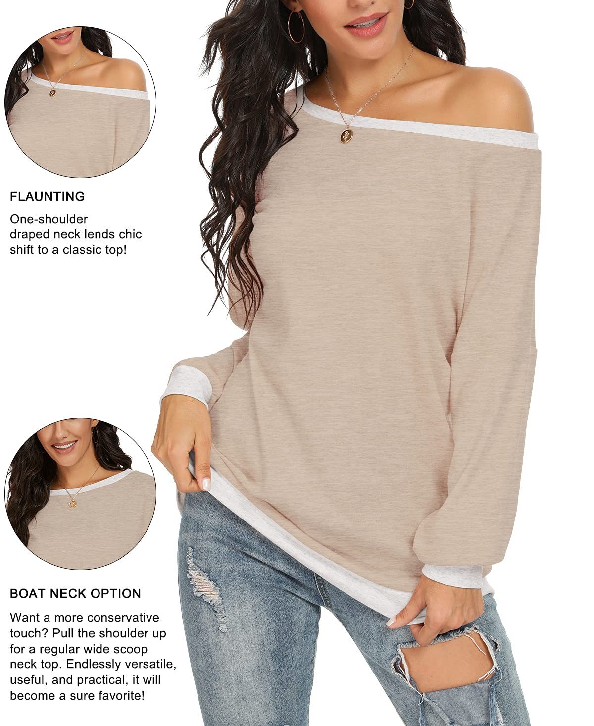 JINKESI Women Long Sleeve Tops Color Block Sweatshirts Round Neck Loose Tunic Top Khaki-Medium