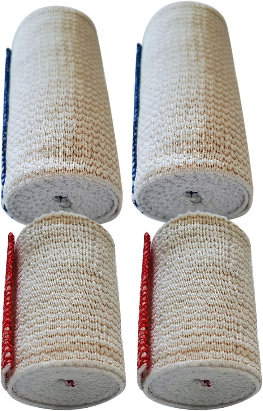 Elastic Bandages Combo - Non-Latex Self Grip Closure | 2 x 3-Inch & 2 x 4-Inch Compression for Sports & Injury Support