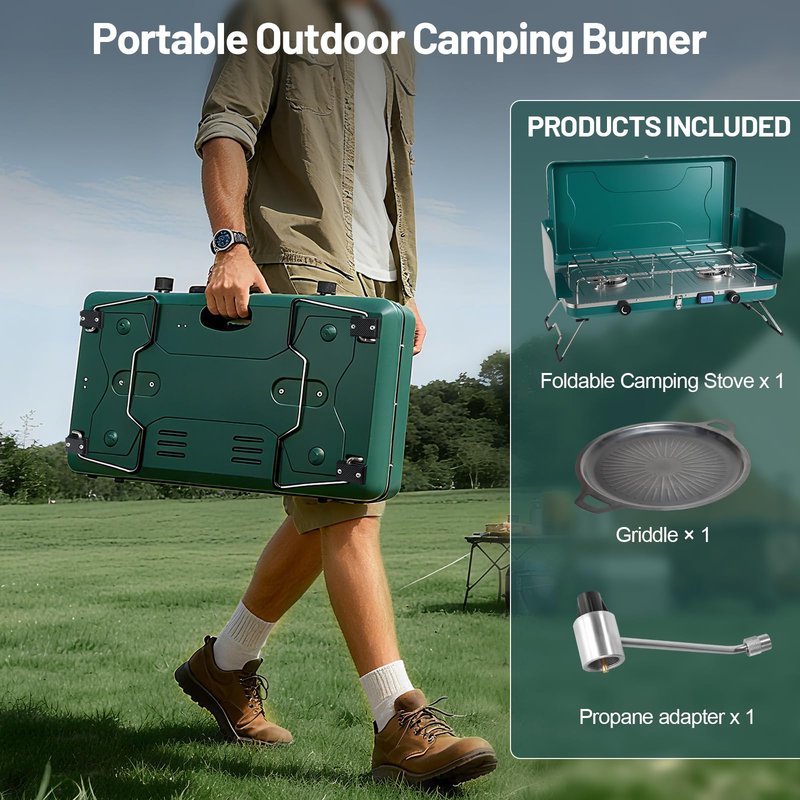 GOSPOWOR 2-Burner Propane Stove, Portable Camping Cooktop with 2 Adjustable Burner and Wind Guards, 20000BTU Camping Stove with Ignition & Griddle for Camping,Tailgating, BBQ, Grilling,Outdoor Gear