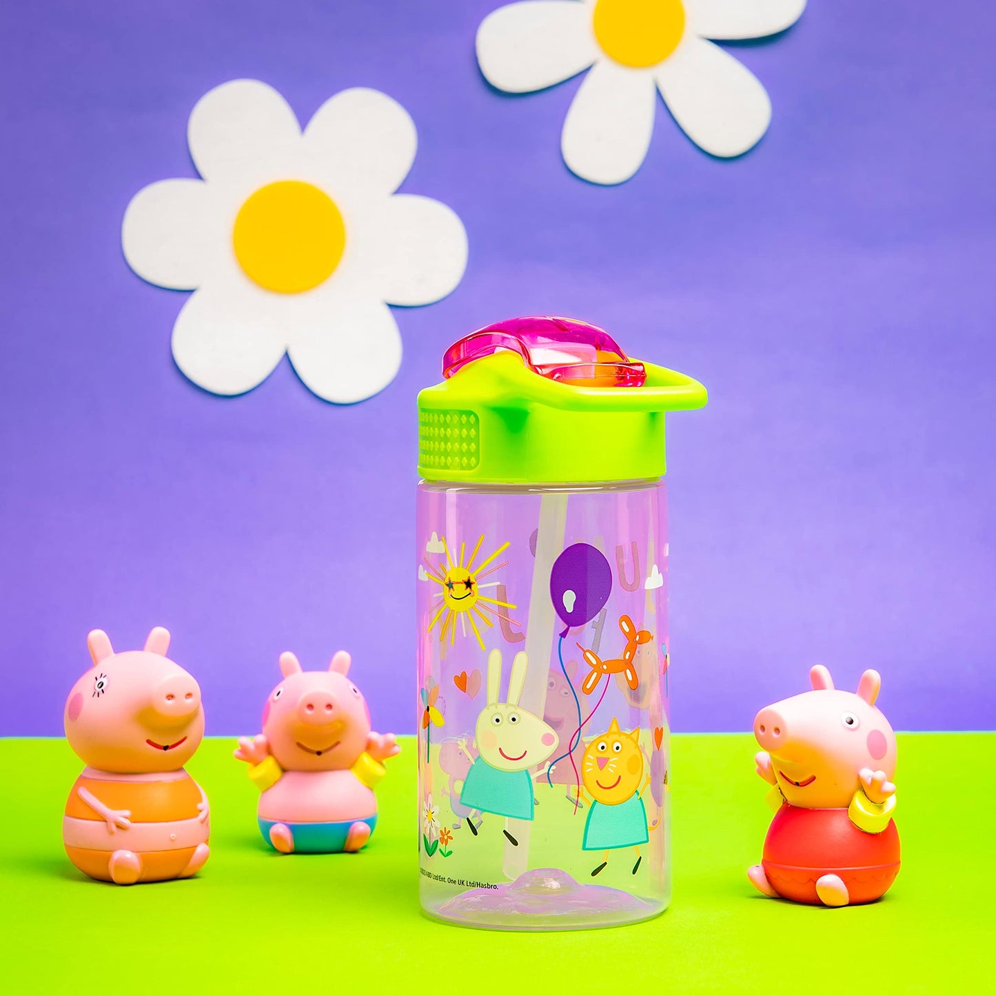 Zak Designs Peppa Pig Kids Water Bottle For School or Travel, 16oz Durable Plastic Water Bottle With Straw, Handle, and Leak-Proof, Pop-Up Spout Cover (Peppa & Friends)