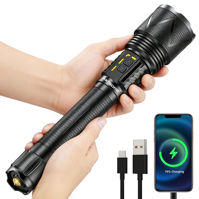 AKISONG X928 70W XHP360 LED Rechargeable Tactical Flashlight 10,000 High Lumen, 2,000ft Long Range Beam Zoomable Waterproof Flashlight with Safety Hammer & USB Output for Camping Hunting Patrol Search