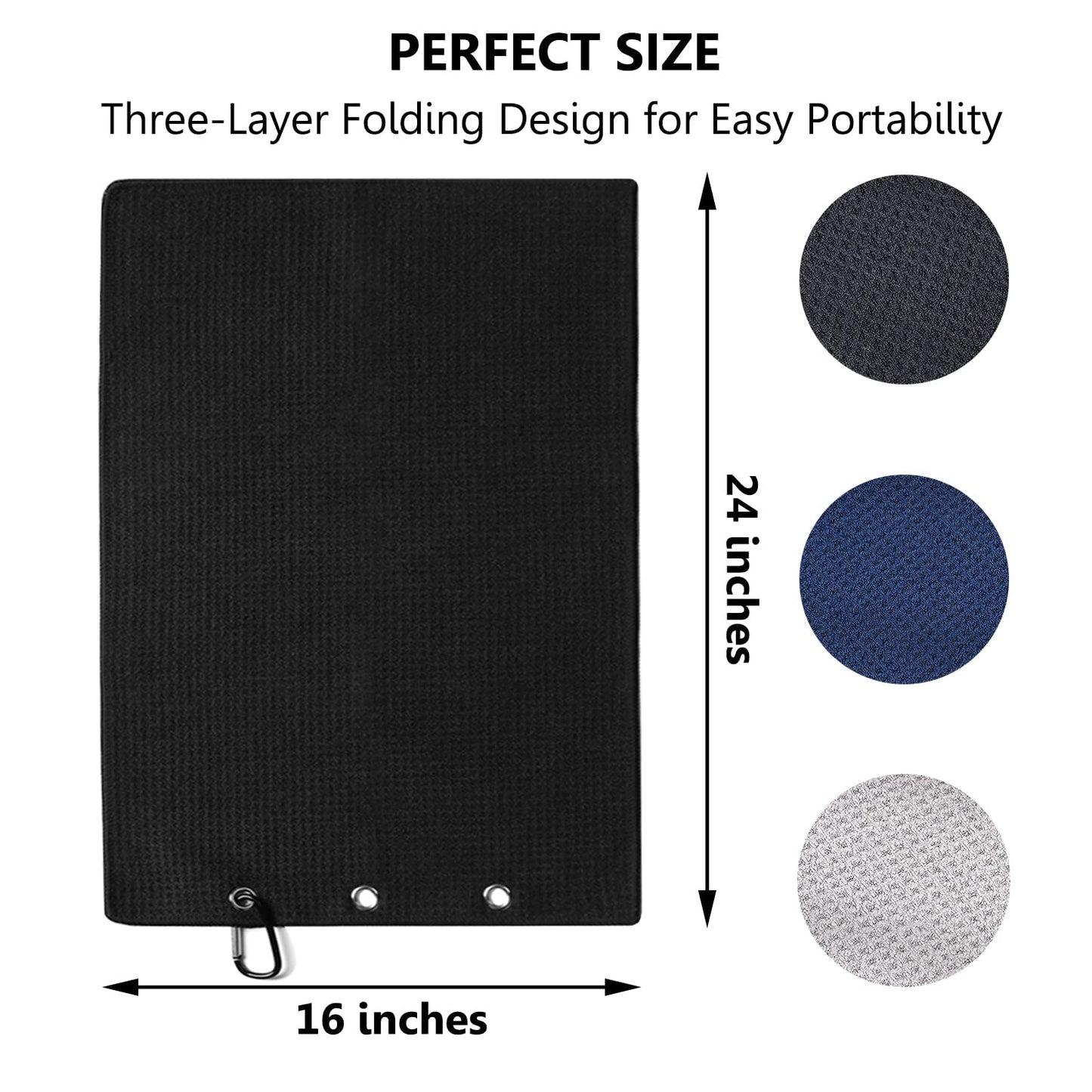 LUSTEMBER 3 Pack Large Golf Towels, 16" x 24" Tri-Fold Portable Microfiber Fabric Waffle Pattern Golf Towel for Golf Bag with Carabiner Clip to Quickly Remove Sand, Mud, Dirt and Sweat