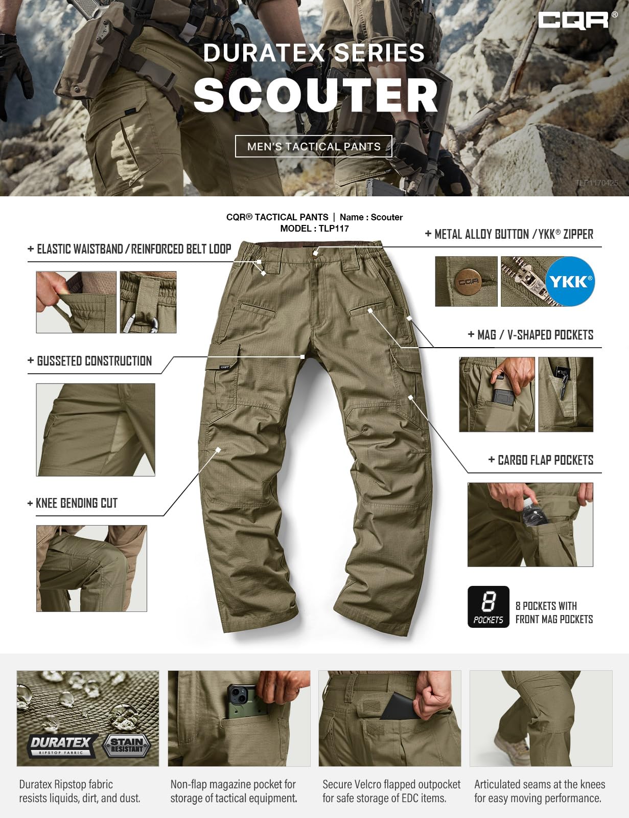 CQR Men's Tactical Pants, Water Resistant Ripstop Cargo Pants, Lightweight EDC Work Hiking Pants, Outdoor Apparel, Raider Soil Green, 30W x 32L