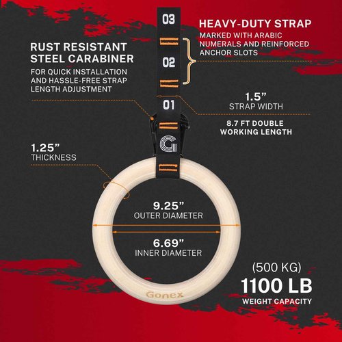 Gonex Wooden Gymnastic Rings with Adjustable Number Straps, Olympic Rings for Gym, Workout, Exercise, Outdoor Training, Quick Install Carabiner, 8.7 ft Straps Pull Up Non-Slip Rings