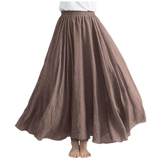 Womens Linen Maxi Skirts Summer Boho Solid Beach Elastic High Waist Pleated A-Line Flowy Swing Long Maxi Skirts Coffee