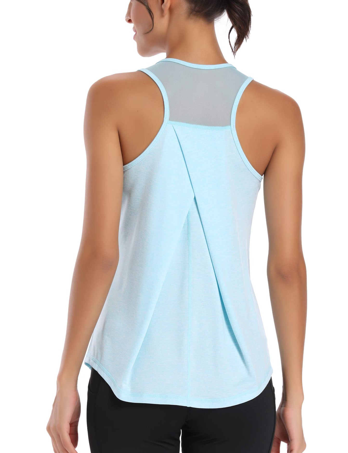 Aeuui Workout Tops for Women Mesh Racerback Tank Yoga Shirts Gym Clothes Light Blue, X-Large