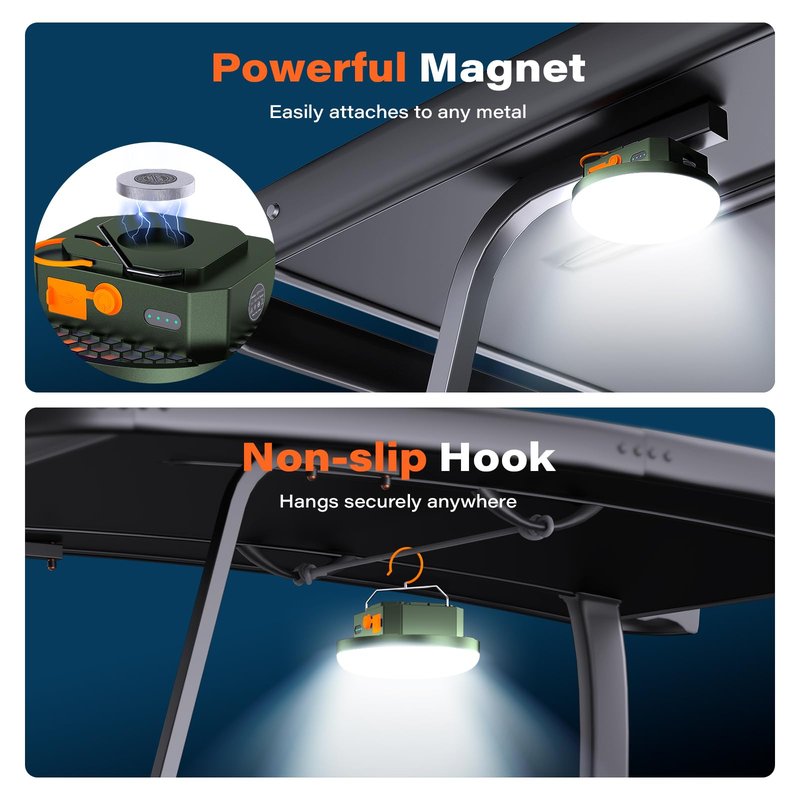 A2C Universal Magnetic LED Light - 800lm Ultra Bright, 5000mAh, Lasts 40H Runtime, USB Rechargeable, Magnetic+Hook Mount for Golf Cart/Camping/Roof/Outdoor