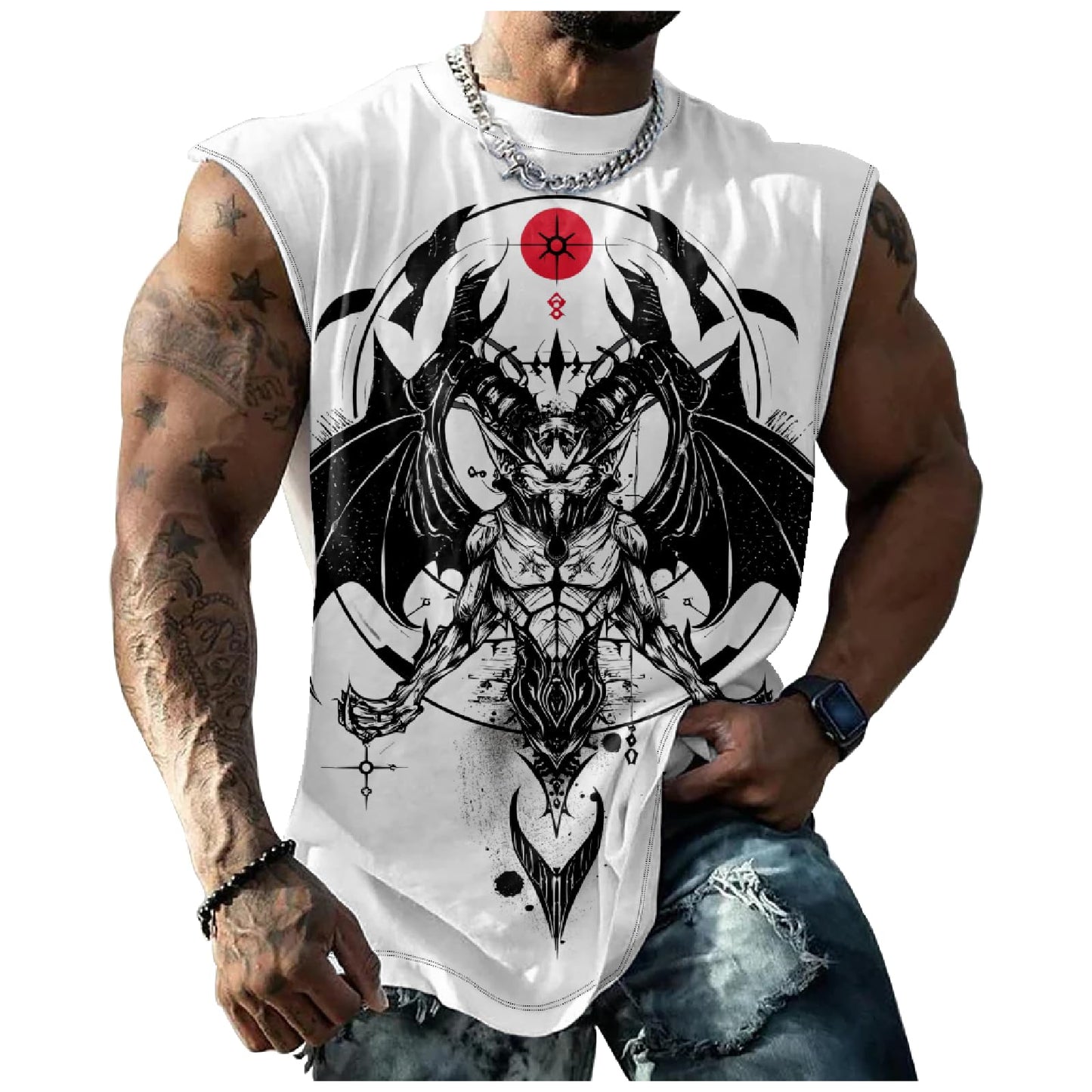 Biacolum Sleeveless T Shirts for Men Muscle Tank Top Summer Trendy Devil Graphics Bodybuilder Workout Big and Tall Muscle Shirts for Men Comfortable Tank Tops Suitability Gym Athletic,White Devil,L