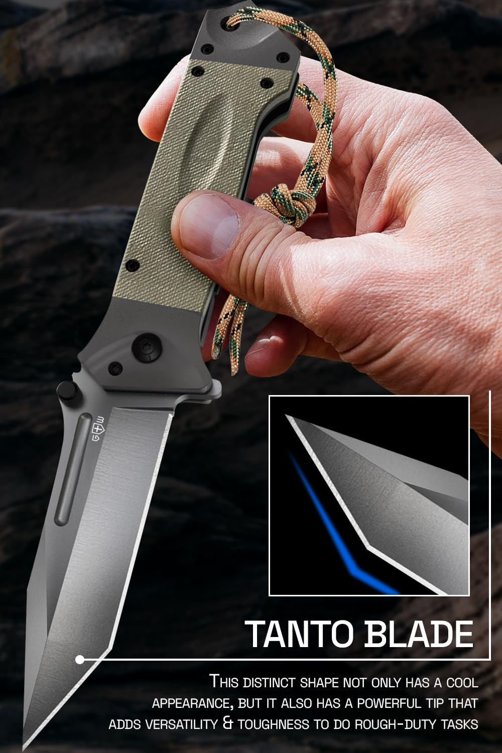 Grand Way Pocket Knife Spring Assisted Knife - Folding Tactical Knives Japanese Tanto Blade Knives - Best for Camping Hiking EDC Work Knife Birthday Christmas Gifts for Men 6688