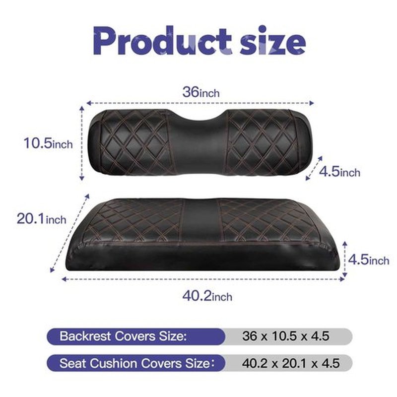 NOKINS Golf Cart Diamond Seat Covers Kit, Fit for EZGO TXT 1994-2013/EZGO RXV OEM Standard Front Seat Cushion, Golf Cart Vinyl Seat Cover, No Nails Required (Black and Brown Stitching)