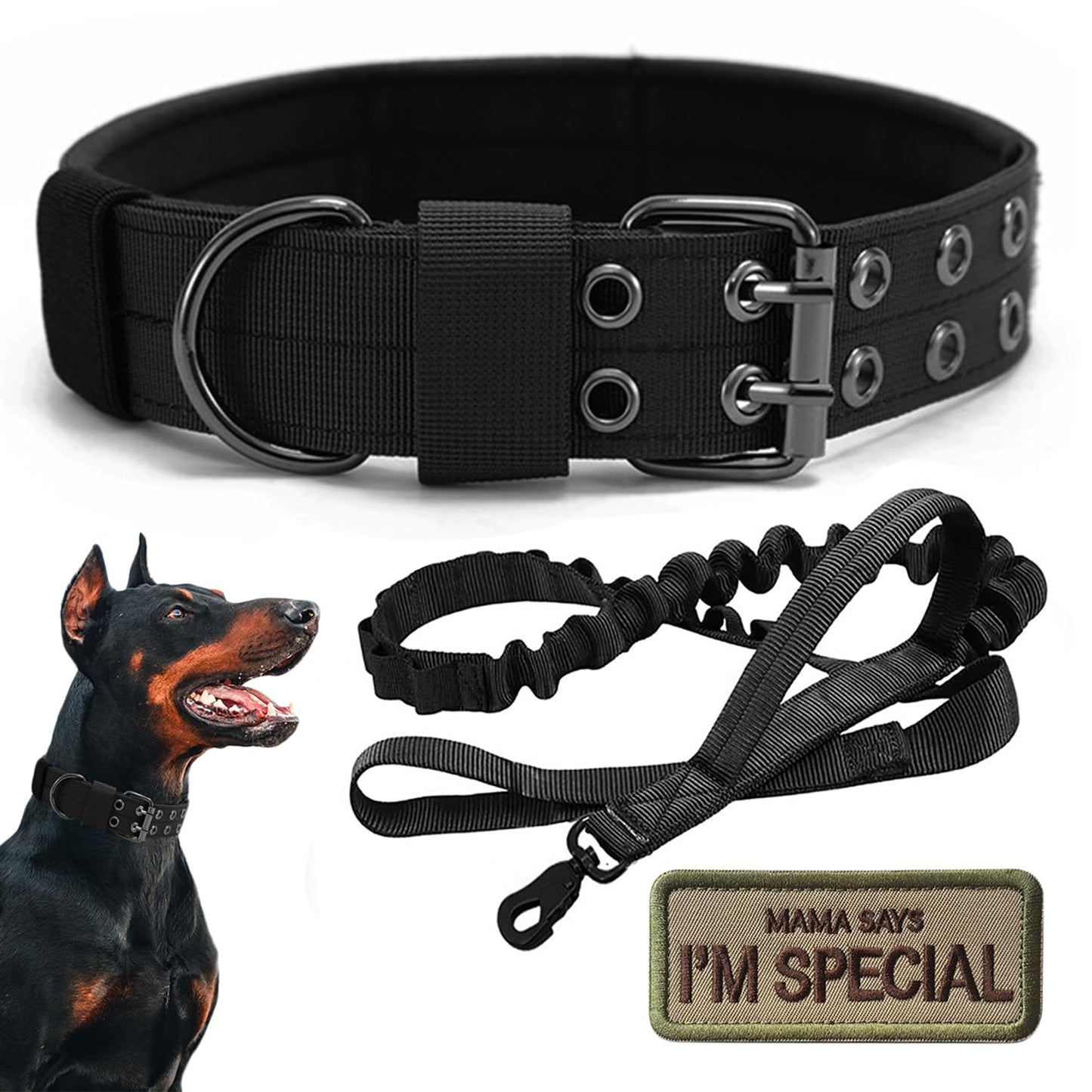 Tactical Dog Collar Military Adjustable Dog Collars Soft Nylon Training Collar with Patch Heavy Duty Metal Buckle Collars for Medium Large Dogs (Black-1, L)