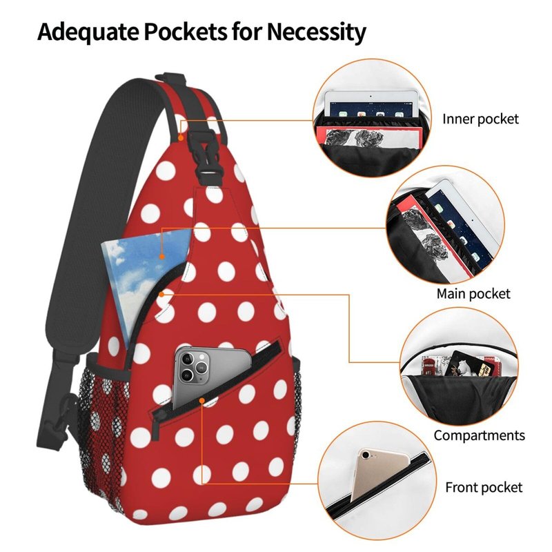 QISENTIS Polka Dots Sling Bag for Women Crossbody Bag Abstract White Small Circle Dot Geometric Pattern on Red Background Sling Backpack for Men Dot Pattern Shoulder Bag Gym Travel Hiking Daypack