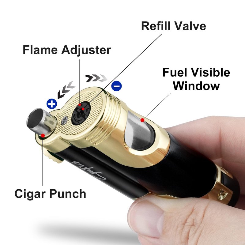GUEVARA Cigar Butane Torch Lighter with Punch Windproof Double Jet Lighters (Black-Gold)