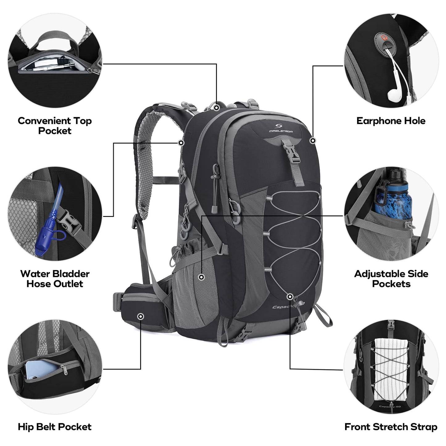 Maelstrom 40L Hiking Backpack, Lightweight Camping Daypack with Rain Cover