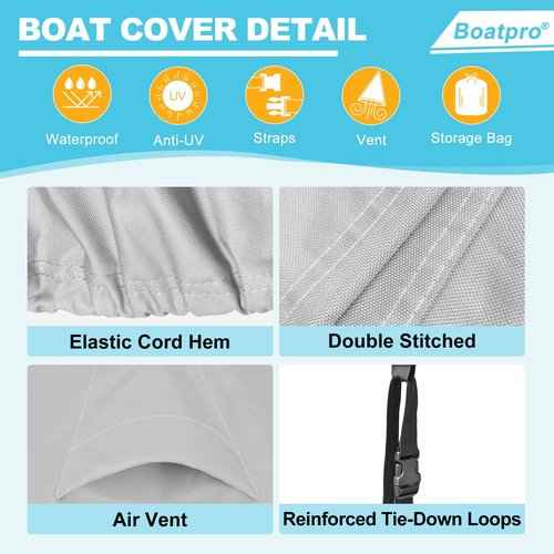 Boatpro Trailerable Boat Cover 14-16ft with Outboard Motor Cover, 900D Marine Canvas Waterproof & UV-Proof Heavy Duty Boat Covers for 14 feet 15ft 16' Foot V-Hull Bass Boat Runabout Boat, Gray