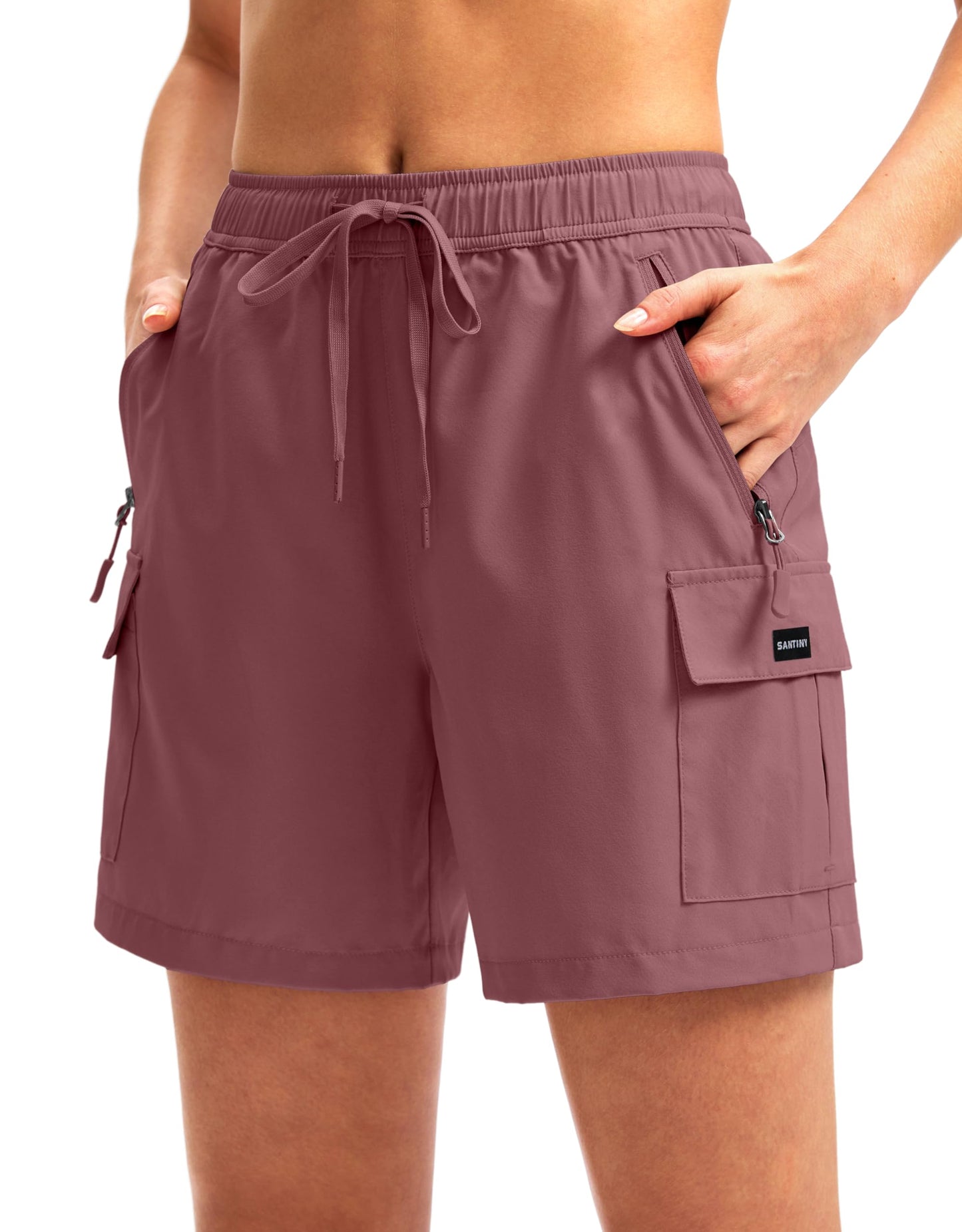 SANTINY Women's 5''/ 7''/9'' Hiking Cargo Shorts Quick Dry Lightweight Summer Shorts for Women Athletic Golf Zipper Pockets(Dusty Pink_S)