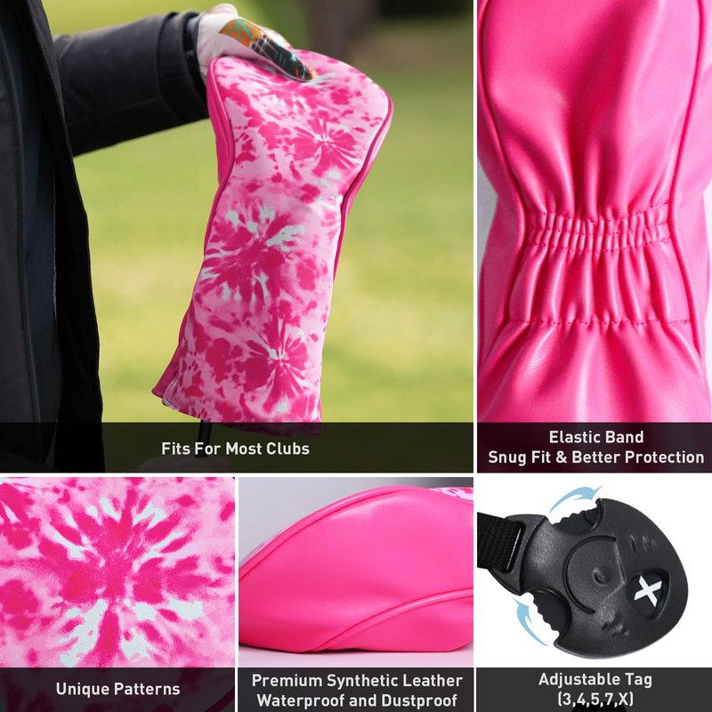 FINGER TEN Golf Club Head Covers for Woods Driver Fairway Hybrid with Interchangeable Number Tag 1 3 5 Premium Leather Headcovers for Women Men (Deep Pink, D+F+H)