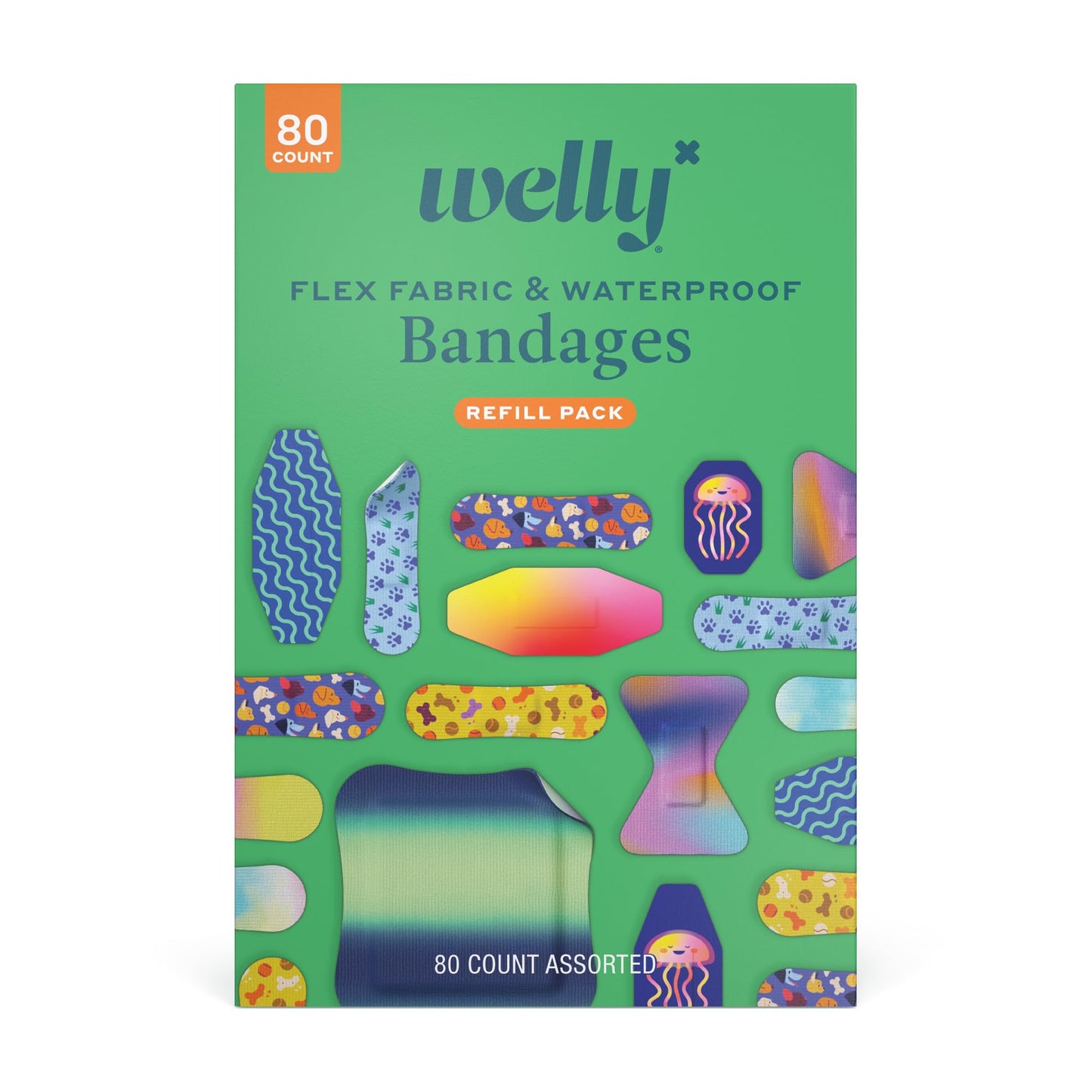 Welly Bandage Family Pack | Adhesive Flexible Fabric & Waterproof Bandages | Assorted Shapes and Patterns for Minor Cuts, Scrapes, and Wounds - 80 Count