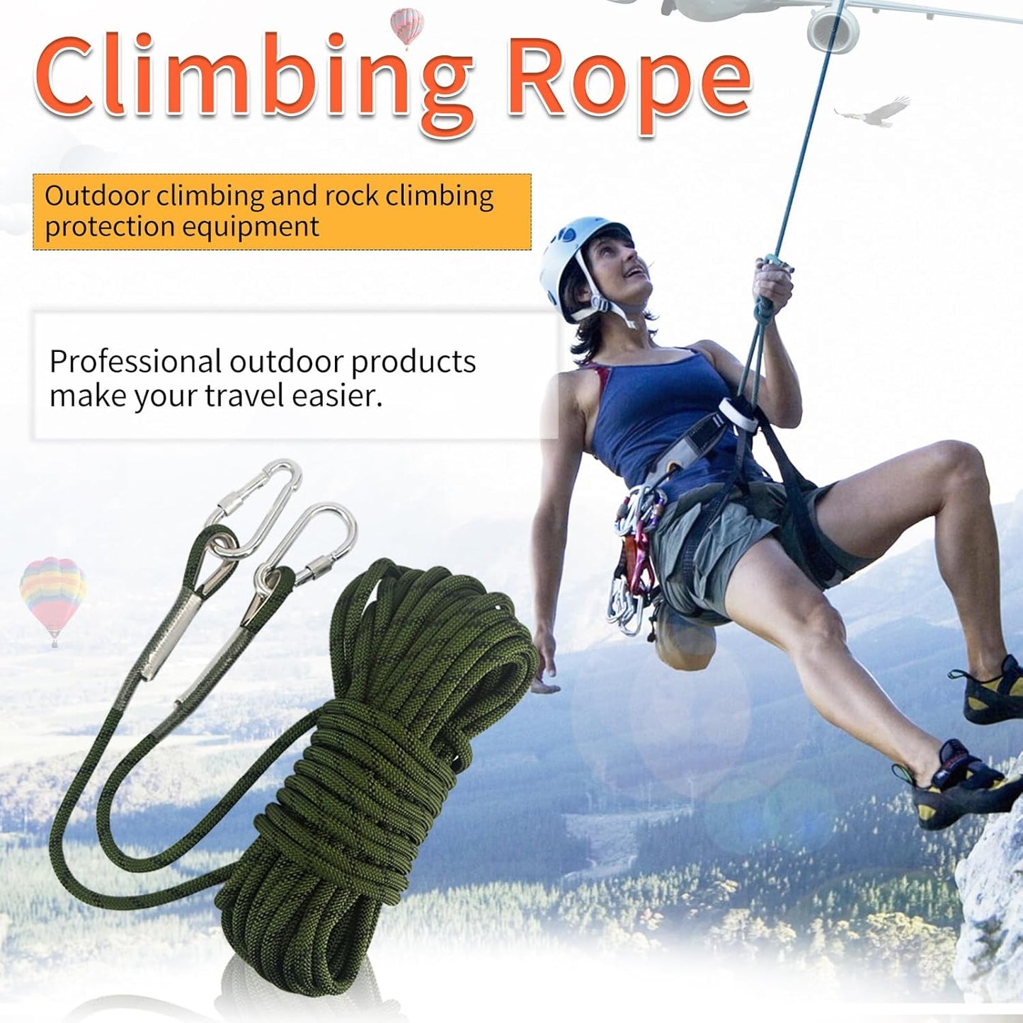 Climbing Rope 10mm | High Strength Accessory Cord with 2 Steel Hooks for Outdoor Rescue & Rappelling - Army Green