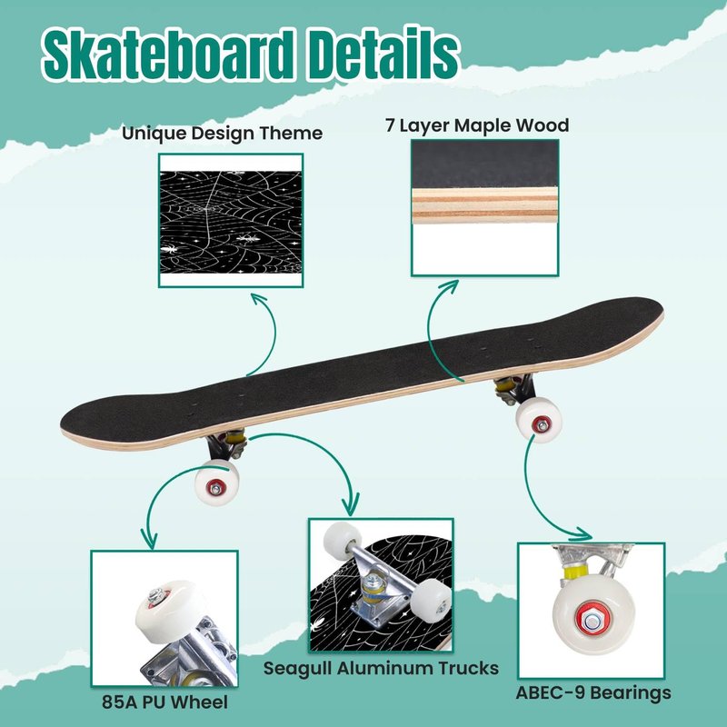 EFTOWEL Skateboards Black Spider Web Seamless Pattern with White Spiders Vector Seamless Classic Concave Skateboard Cool Stuff Teen Gifts Longboard Extreme Sports for Beginners and Professionals