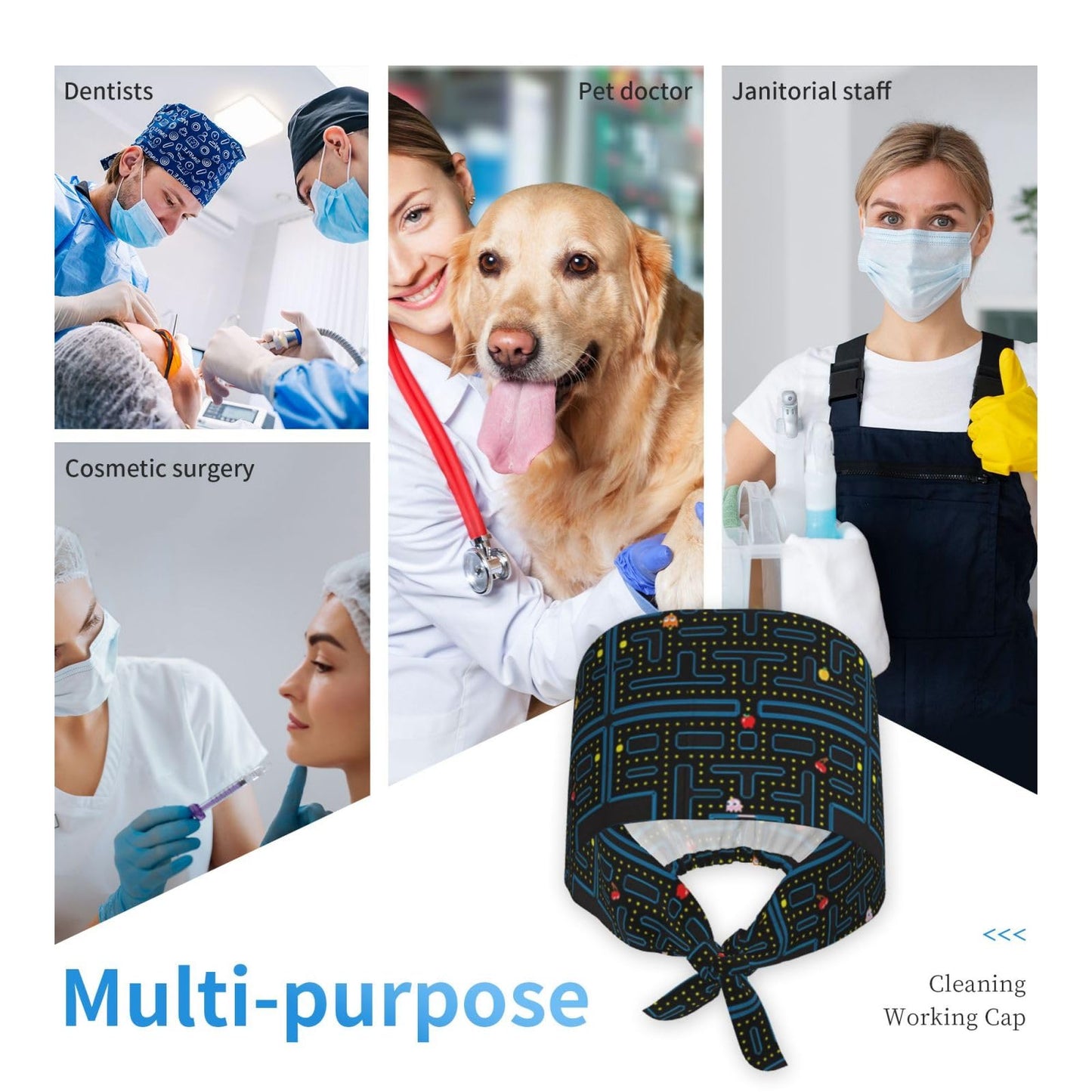 Retro Video Game Pattern Working Cap Scrub Cap with Sweatband,Adjustable Fashion Elastic Bandage Tie Back Hat Headwear Printed for Women Men