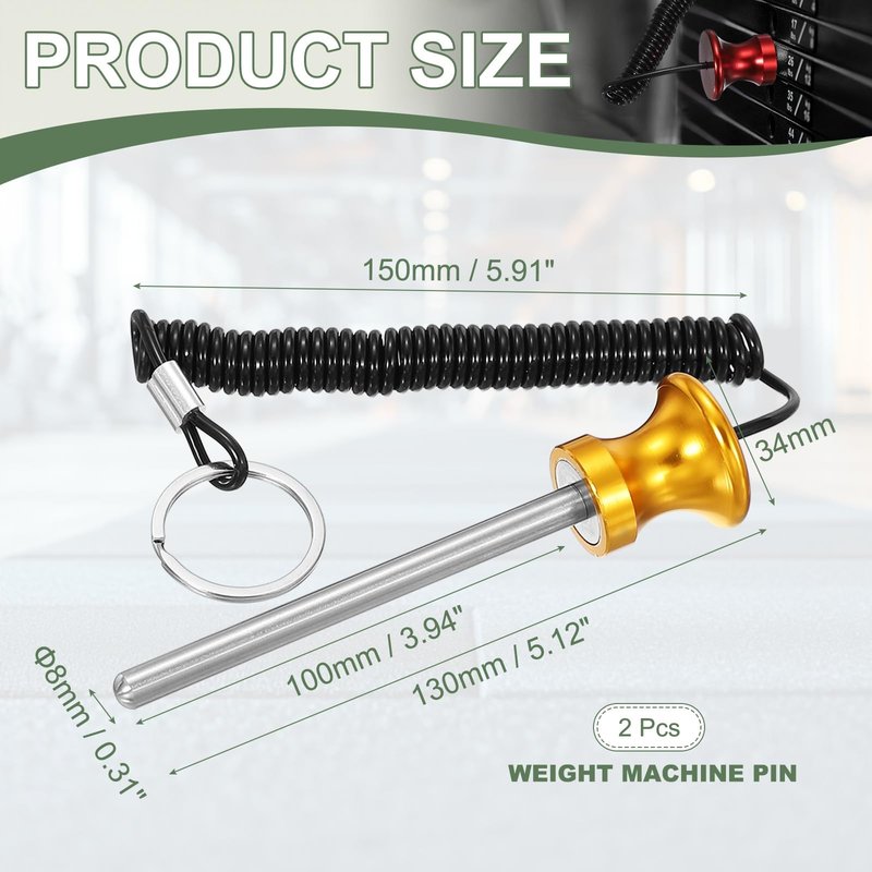 YELARXI Weight Stack Pin, Weight Gym Pin Strength Training Equipment Replacement with Pull Rope, 0.3 x 3.9 Inch Fit for Commercial Home Gym Club Machine Accessories (2 Pack, Gold)