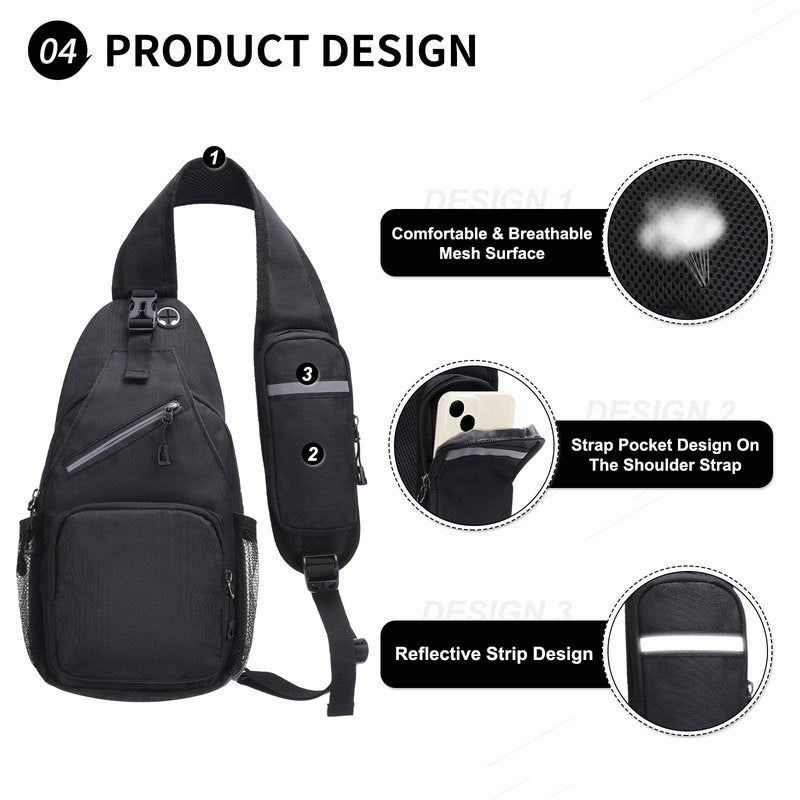 SUIKIHUM Small Sling Bag, Water Resistant 11 Inch Crossbody Chest Bags Oxford Daypack Backpack with Headphone Jack with Anti-theft Pocket for Men Women (Black)