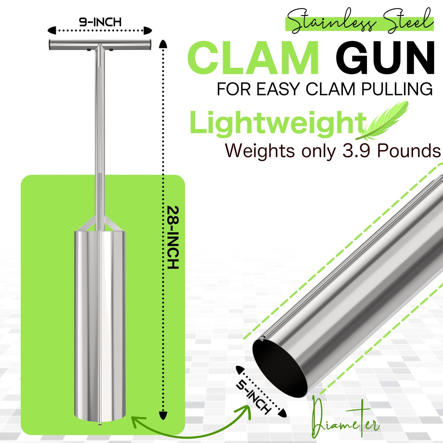 SturdyShape Premium Clam Gun for Clamming Stainless Steel with Vent V4 28 Inch and 5 Inch Tube Diameter HD for Recreational Clam Diggers & Harvesters