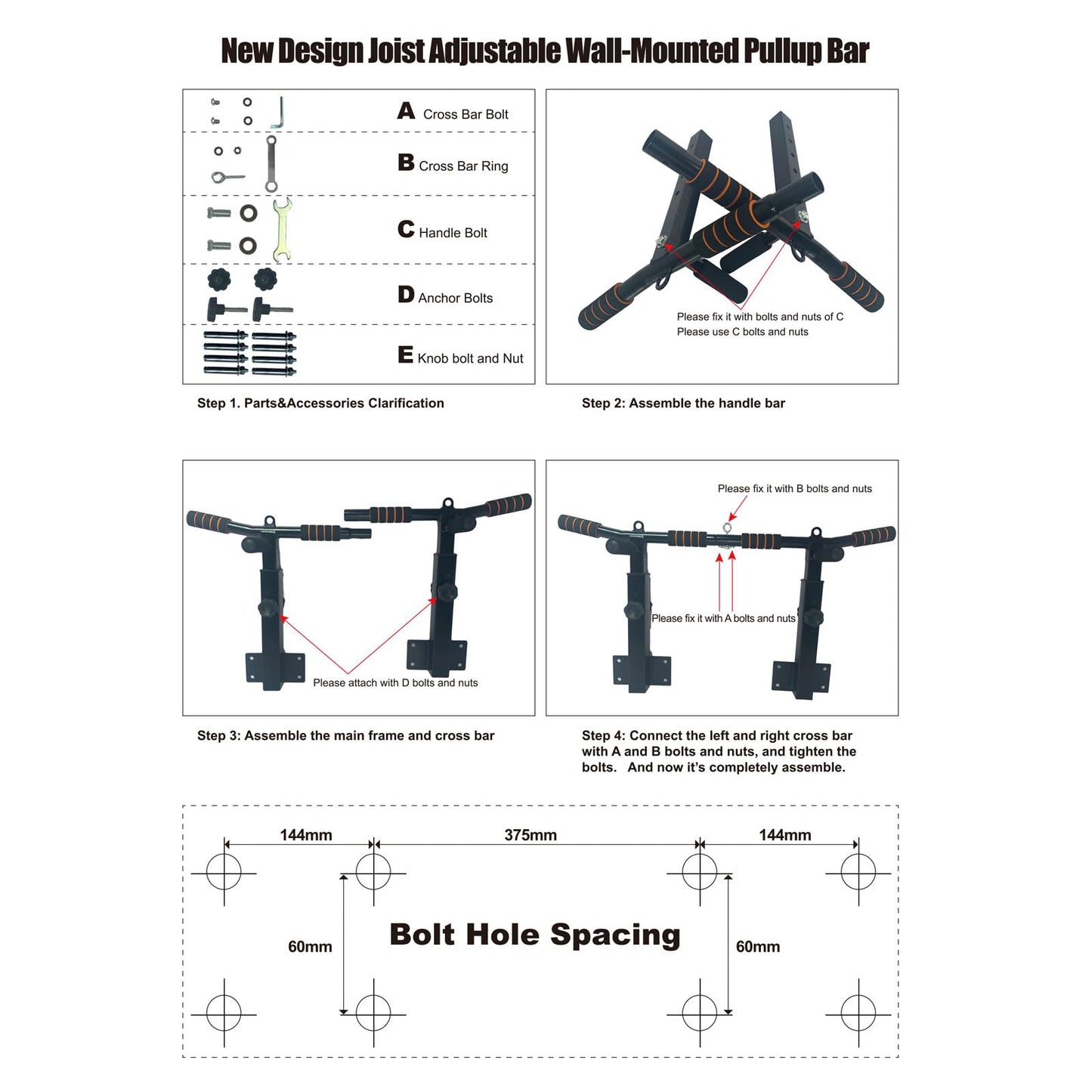 Pull Up Bar Wall Mounted: Adjustable Wall Joist Mount Pull Up Bar & Chin Up Bar for Home Gym Workout Strength Training Equipment