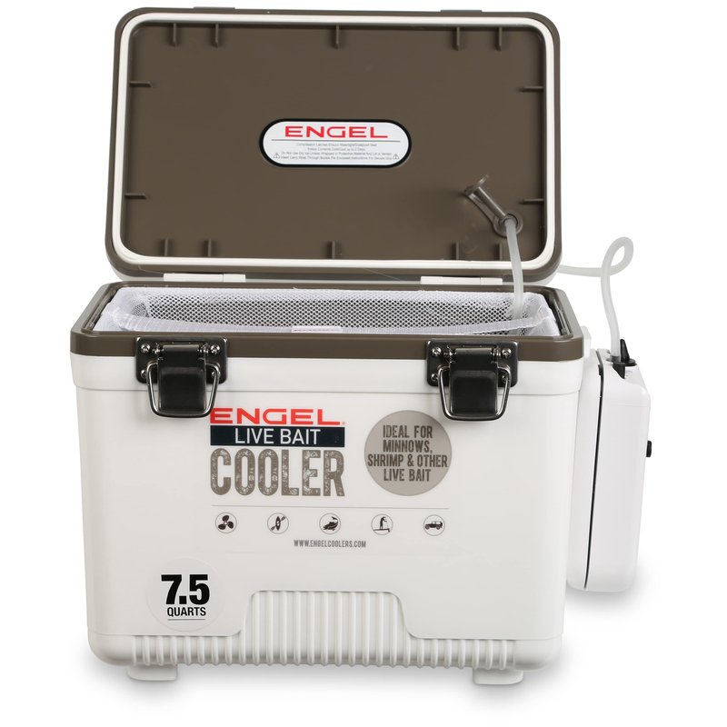 Engel 7.5qt Live Bait Cooler Box with 2nd Gen 2-Speed Aerator Pump - Portable Fishing Station & Minnow Bucket for Shrimp & Other Live Fish with Aerator - ENGLBC7-N in White
