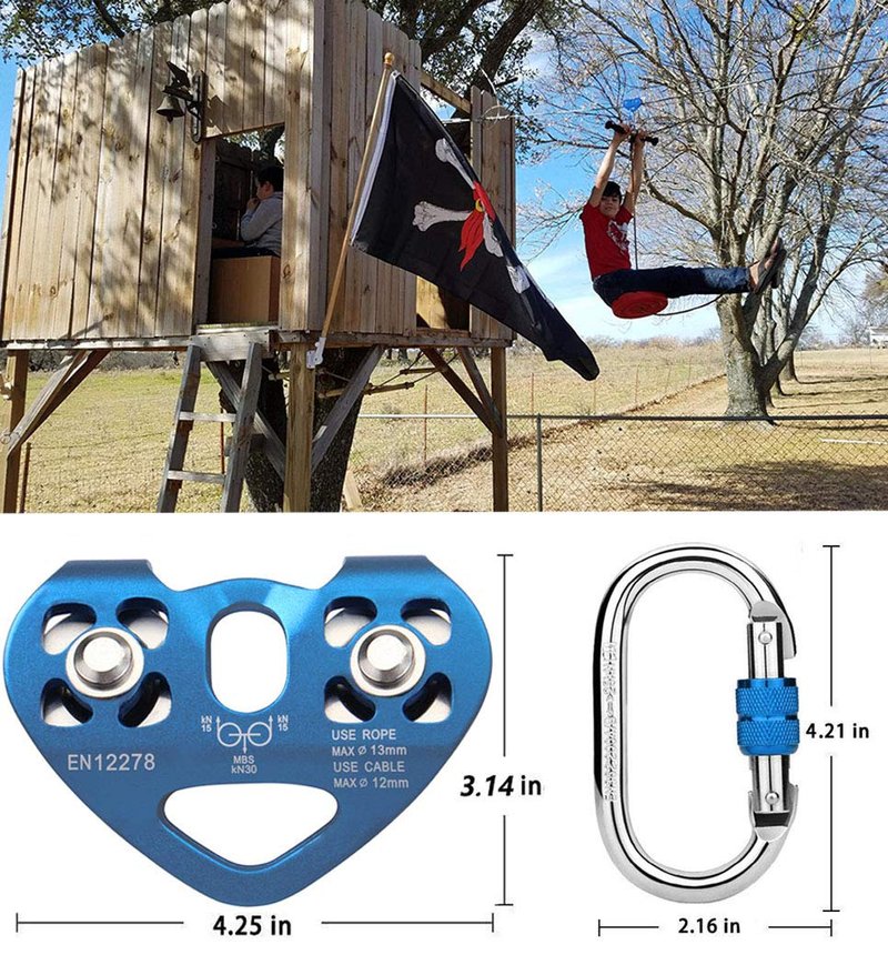 Youngneer Climbing Zip Line Pulley 30KN Double Tandem Speed Dual Trolley with 25kN Carabiner for 1/4 5/16 3/8 1/2 Cable for Zipline Climbing Rescue Pulley