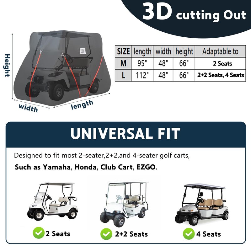 Durbles Golf Cart Cover, Waterproof 420D Oxford Fabric, Windproof 3-Strap Design, Universal Fit with Reflective Strips (Fit for 2 Seat M- Size 95”L x 48”W x 66”H)