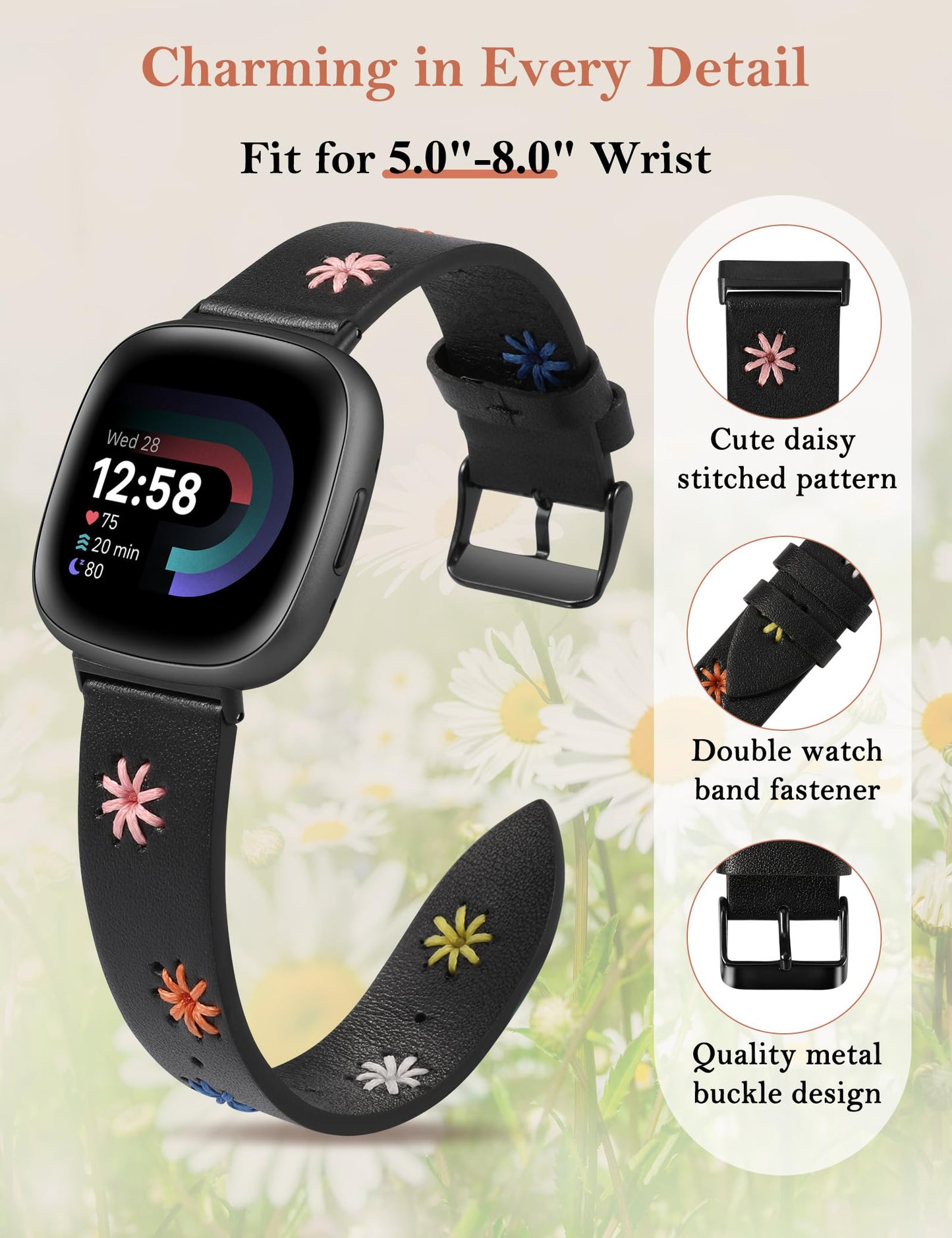 Wearlizer Leather Band Compatible with Fitbit Versa 4/Versa 3/Sense 2/Sense Band Women, Boho Cute Colorful Daisy Floral Handmade Stitched Fancy Stylish Strap Black/Black